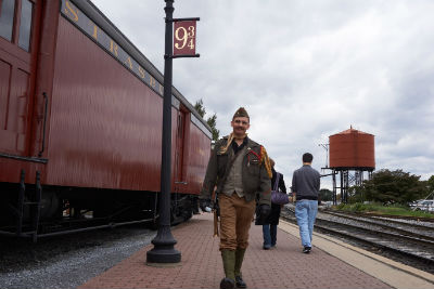 Steam Punk Military Costume Near Trains (Laughs) What does that mean putz?